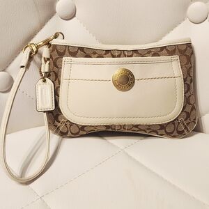 SOLD - Vintage COACH EUC, Brown Signature Jacquard Fabric and Cream Leather Trim